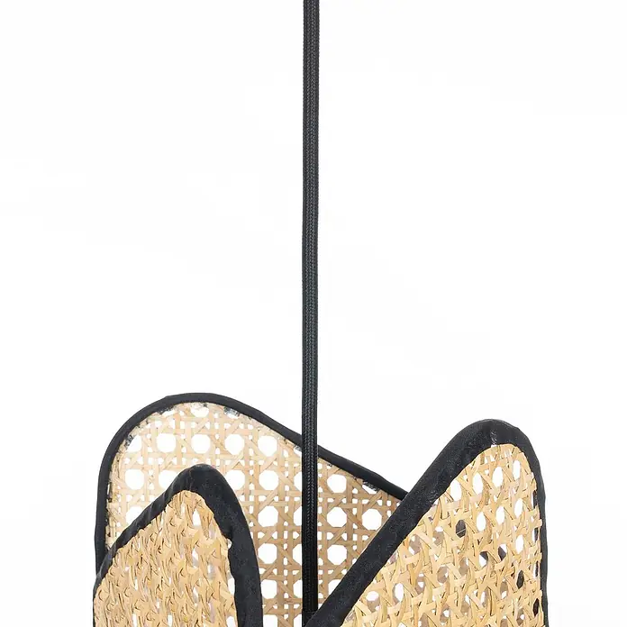 Lucande Pendelleuchte Bassiola - L x B x H: 100 x 19 x 37 cm, Holz hell, Schwarz, Holz hell, E27 - Hängeleuchtenschirm aus Rattan-Geflecht mit schwarzem Stoffrand und welligen Kanten.