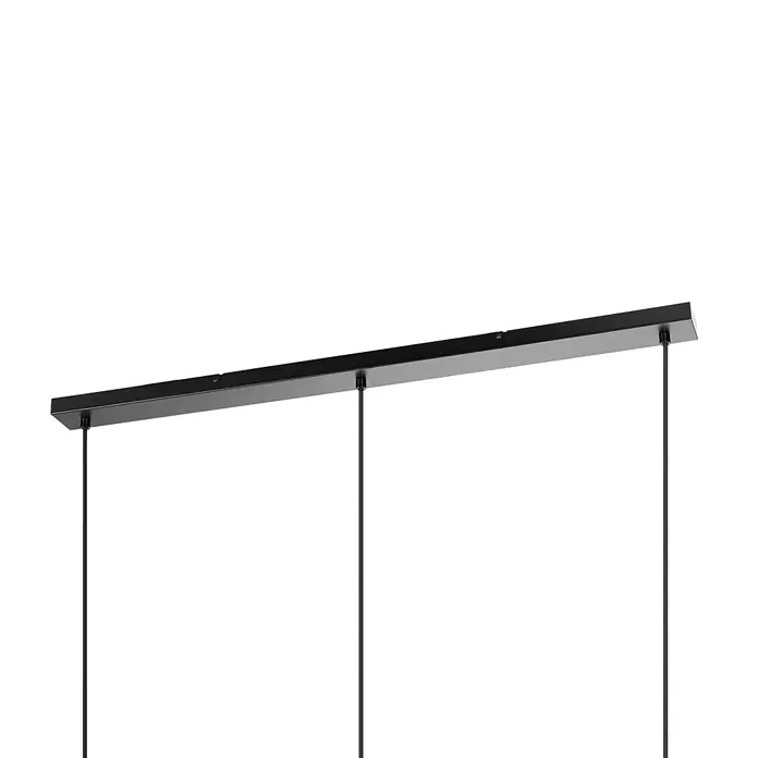 Lucande Pendelleuchte Bassiola - L x B x H: 100 x 19 x 37 cm, Holz hell, Schwarz, Holz hell, E27 - Schwarze rechteckige Pendelleuchten-Baldachin mit drei hängenden Kabeln.