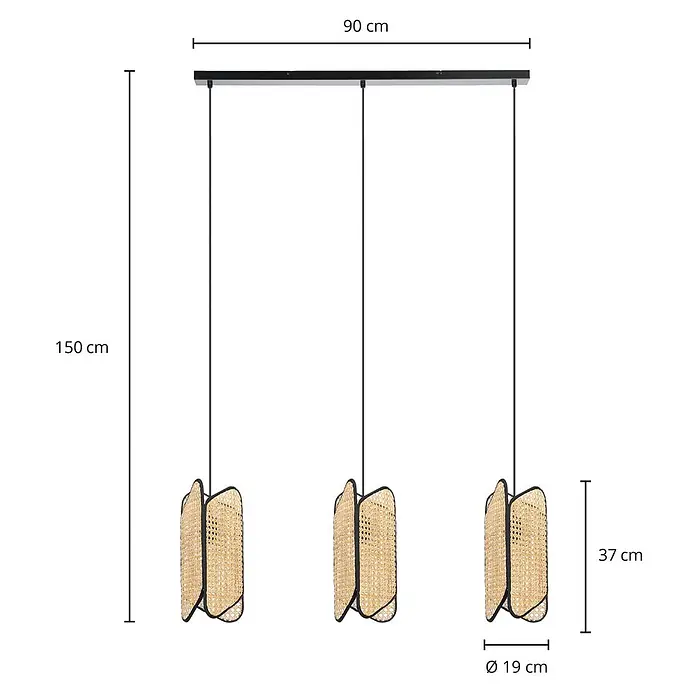 Lucande Pendelleuchte Bassiola - L x B x H: 100 x 19 x 37 cm, Holz hell, Schwarz, Holz hell, E27 - Dreiflammige Pendelleuchte mit schwarzer Metallschiene und drei Einzellampen mit natürlichen Rattan- und schwarzen Metallschirmen.
