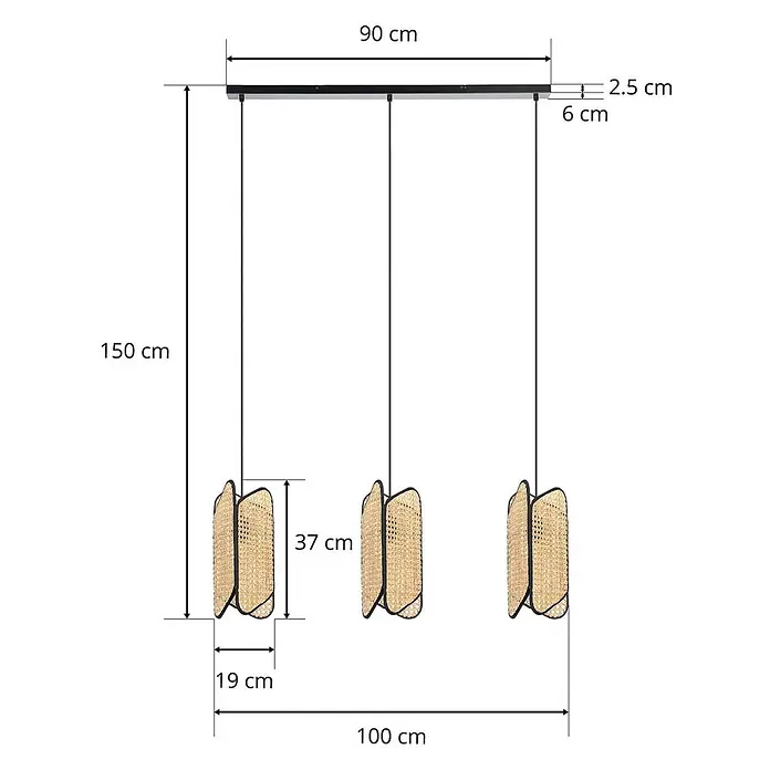 Lucande Pendelleuchte Bassiola - L x B x H: 100 x 19 x 37 cm, Holz hell, Schwarz, Holz hell, E27 - Schwarze Dreifach-Pendelleuchte mit drei Schirmen aus Naturrattan, Maße angezeigt.