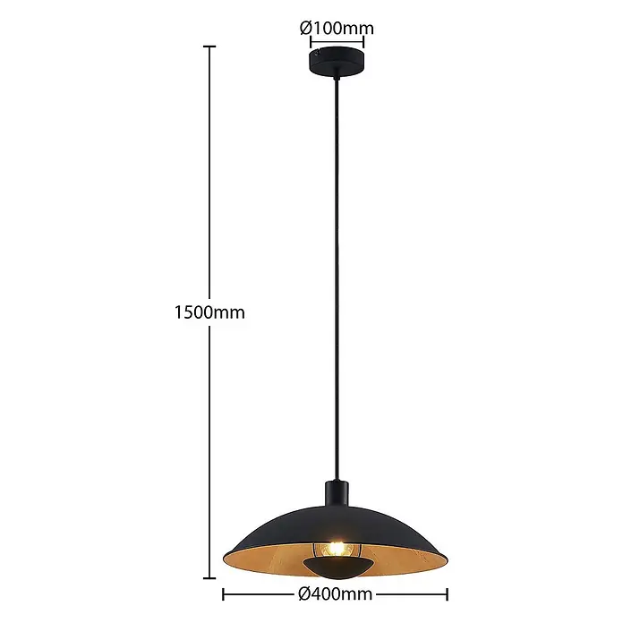 Lindby Pendelleuchte Narisara - L x B x H: 40 x 40 x 10 cm, schwarz, Schwarz, gold, E27 - Schwarze und goldene Pendelleuchte mit 400mm Schirmdurchmesser und 1500mm Gesamtlänge.