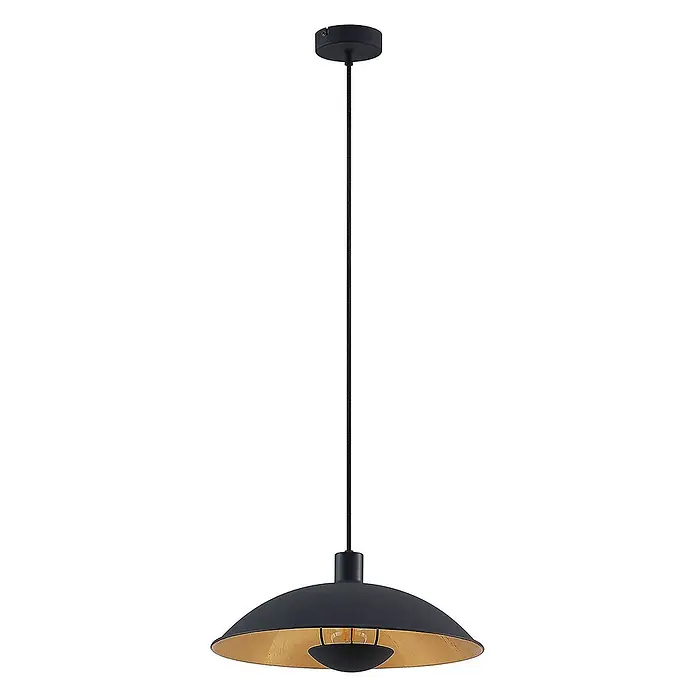 Lindby Pendelleuchte Narisara - L x B x H: 40 x 40 x 10 cm, schwarz, Schwarz, gold, E27 - Eine schwarze Pendelleuchte mit goldener Innenseite, an einem geflochtenen schwarzen Kabel hängend.