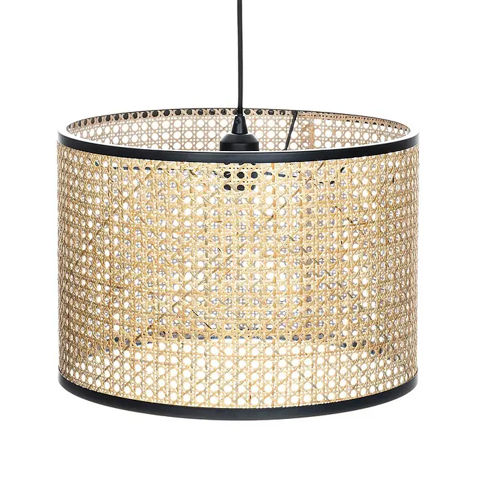 Lindby Pendelleuchte Yaelle - L x B x H: 40 x 40 x 28 cm, Holz hell, holz hell, E27 - Zylindrische Pendelleuchte mit natürlichem Rohrgeflecht-Schirm und schwarzem Metallrahmen.