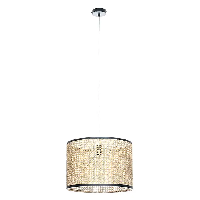 Lindby Pendelleuchte Yaelle - L x B x H: 40 x 40 x 28 cm, Holz hell, holz hell, E27 - Hängelampe mit zylindrischem Rattanschirm und schwarzem Metallrahmen, an schwarzer Kordel.