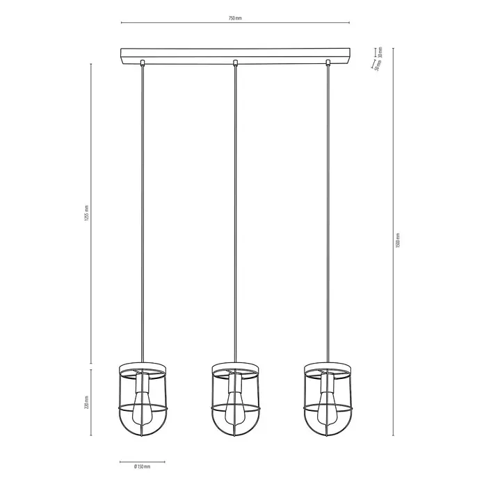 Envostar Pendelleuchte Neptuna - alu / grau / zink, holz grau, Schwarz, grau, E27 - Dreiflammige Pendelleuchte mit rechteckigem Baldachin und Metallkäfigschirmen.