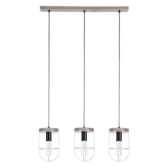 Envostar Pendelleuchte Neptuna - alu / grau / zink, holz grau, Schwarz, grau, E27 - Lineare Pendelleuchte mit drei holzverkleideten Lampen, klaren Schirmen und Metallkäfigen, mit sichtbaren Edison-Birnen.
