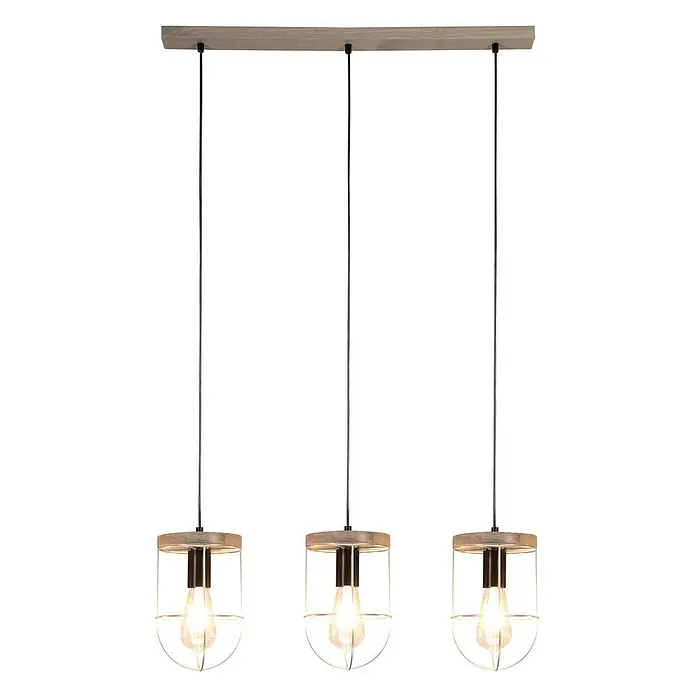 Envostar Pendelleuchte Neptuna - alu / grau / zink, holz grau, Schwarz, grau, E27 - Dreiflammige Pendelleuchte mit hellem Holzbalken, schwarzen Kabeln und klaren Glasschirmen mit Holzdetails.