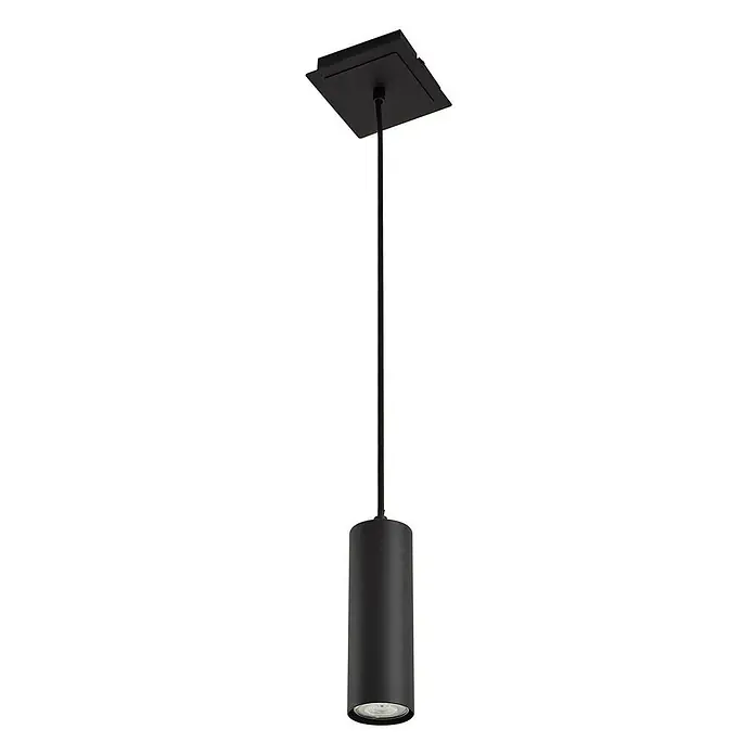 Lindby Pendelleuchte Joffrey - schwarz, Schwarz, GU10 - Schwarze zylindrische Pendelleuchte mit quadratischem Baldachin und schlanker Aufhängestange für gerichtete Beleuchtung.