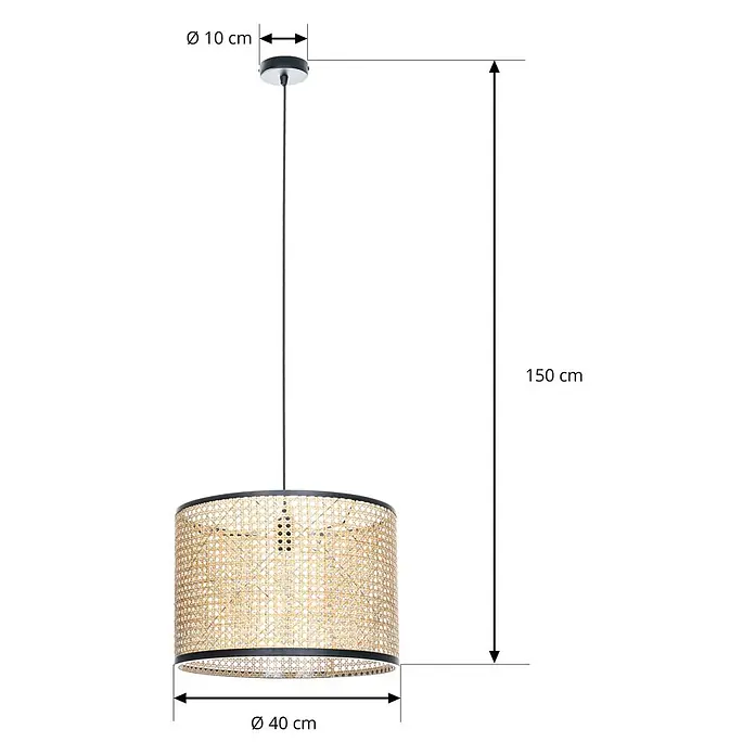 Lindby Pendelleuchte Yaelle - L x B x H: 40 x 40 x 28 cm, Holz hell, holz hell, E27 - Hängelampe mit natürlichem Rattan-Schirm und schwarzen Details. Gesamthöhe 150 cm, Schirmdurchmesser 40 cm.