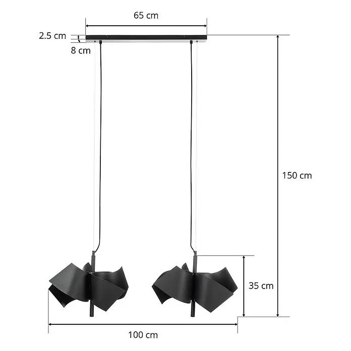 Lucande Pendelleuchte Imron - L x B x H: 100 x 40 x 35 cm, schwarz, sandSchwarz, E14 - Schwarze Doppelhängeleuchte mit gefalteten Schirmen, an einer Deckenstange befestigt.