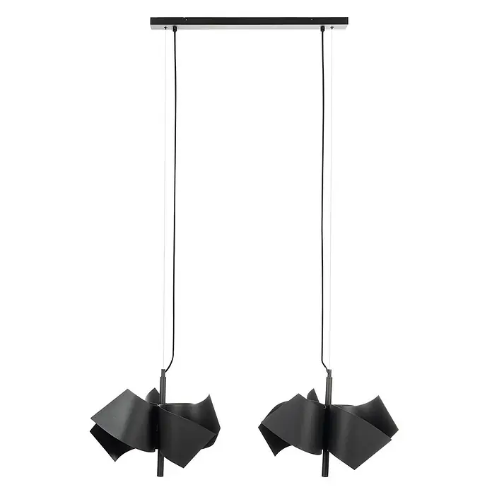 Lucande Pendelleuchte Imron - L x B x H: 100 x 40 x 35 cm, schwarz, sandSchwarz, E14 - Zwei schwarze Pendelleuchten aus Metall mit abstrakt gefalteten Schirmen, an einer schwarzen Leiste aufgehängt.