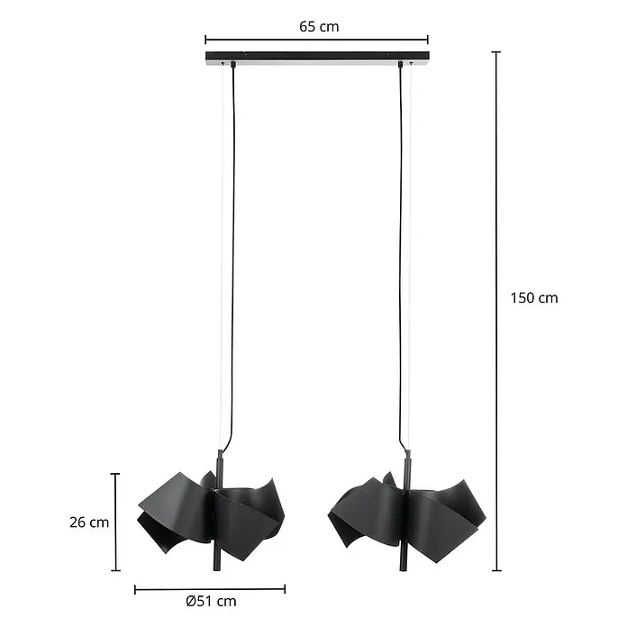 Lucande Pendelleuchte Imron - L x B x H: 100 x 40 x 35 cm, schwarz, sandSchwarz, E14 - Schwarze Doppelhängeleuchte mit wellenförmigen Metallschirmen, Maße 65x150x26 cm (Ø51 cm).