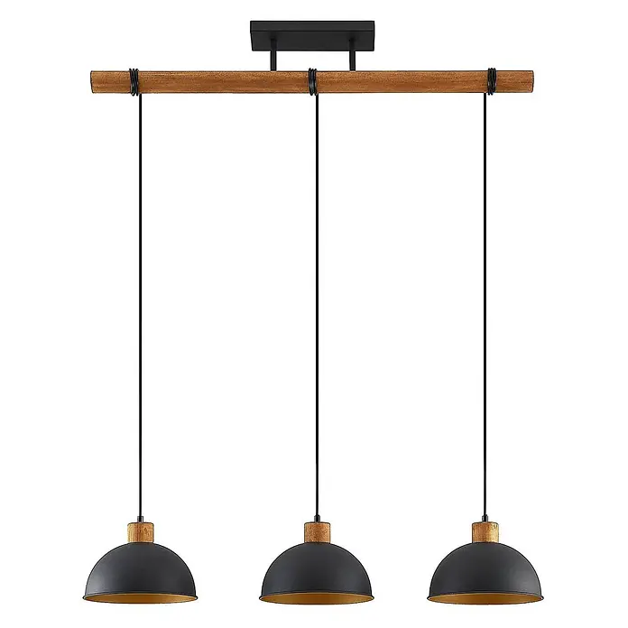Lindby Pendelleuchte Flurin - schwarz, sandSchwarz, gold, holz, E27 - Dreiflammige Pendelleuchte mit schwarzen Kuppelschirmen, goldener Innenseite, Holzdetails und schwarzer Deckenbefestigung.
