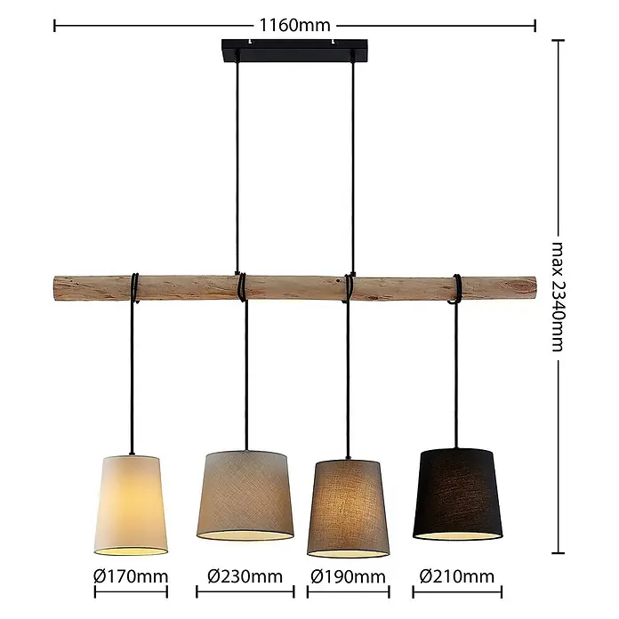 Lindby Pendelleuchte Hinai - L x B x H: 116 x 23 x 22 cm, weiß / opal, Holz hell, Schwarz, grau, weiß, E27 - Hängeleuchte mit Holzstamm und vier Stoffschirmen (weiß, hellgrau, dunkelgrau, schwarz), höhenverstellbar, 1160mm lang.