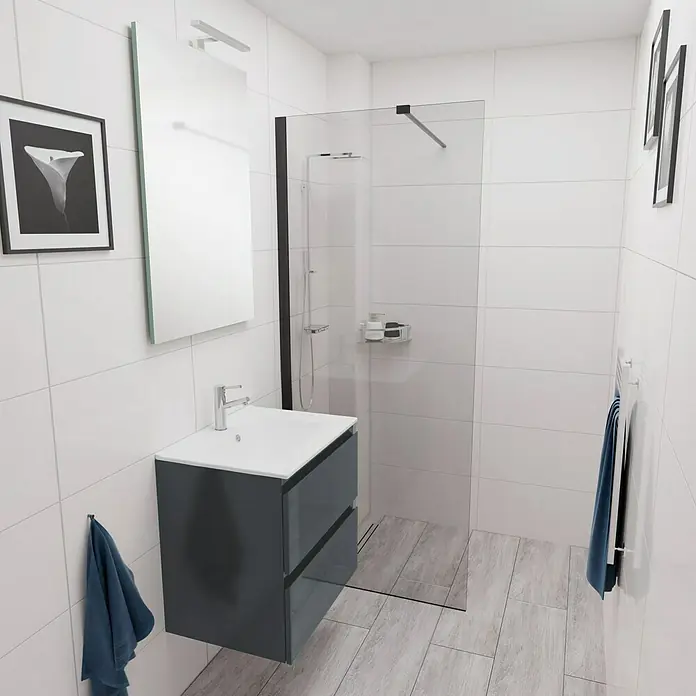 Camargue Espacio Badmöbel-Set E14 - 60 cm, Gama anthrazit glänzend - Ein modernes Badezimmer mit einem grauen Waschtischunterschrank, einer Duschkabine und minimalistischer Dekoration für ein stilvolles Ambiente.