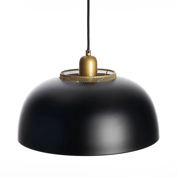 Lindby Pendelleuchte Miraca - L x B x H: 38 x 38 x 25 cm, schwarz, Schwarz, gold, E27 - Schwarze Hängeleuchte mit gewölbtem Schirm, goldfarbenem Gehäuse und Gitterdetail, an schwarzem Kabel.
