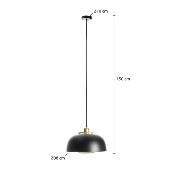 Lindby Pendelleuchte Miraca - L x B x H: 38 x 38 x 25 cm, schwarz, Schwarz, gold, E27 - Schwarze und messingfarbene Hängelampe mit kuppelförmigem Schirm. Gesamtlänge 150 cm, Schirm Ø 38 cm, Deckenrosette Ø 10 cm.