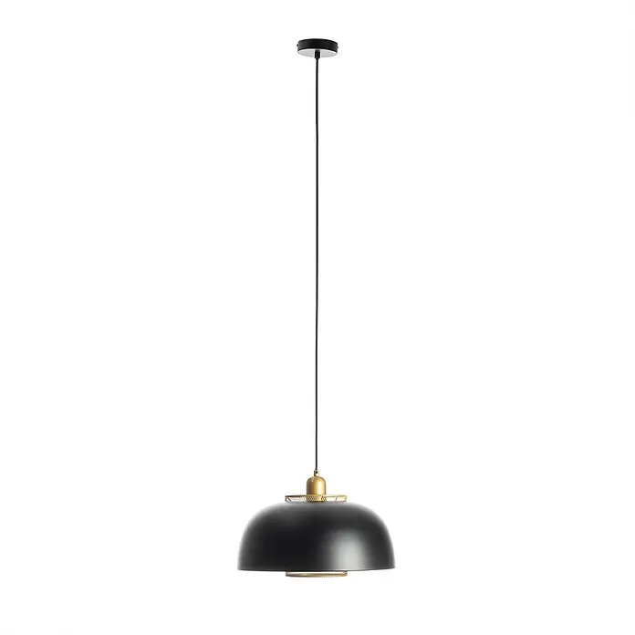 Lindby Pendelleuchte Miraca - L x B x H: 38 x 38 x 25 cm, schwarz, Schwarz, gold, E27 - Schwarze Pendelleuchte mit Messingdetails, an schwarzer Kordel hängend.