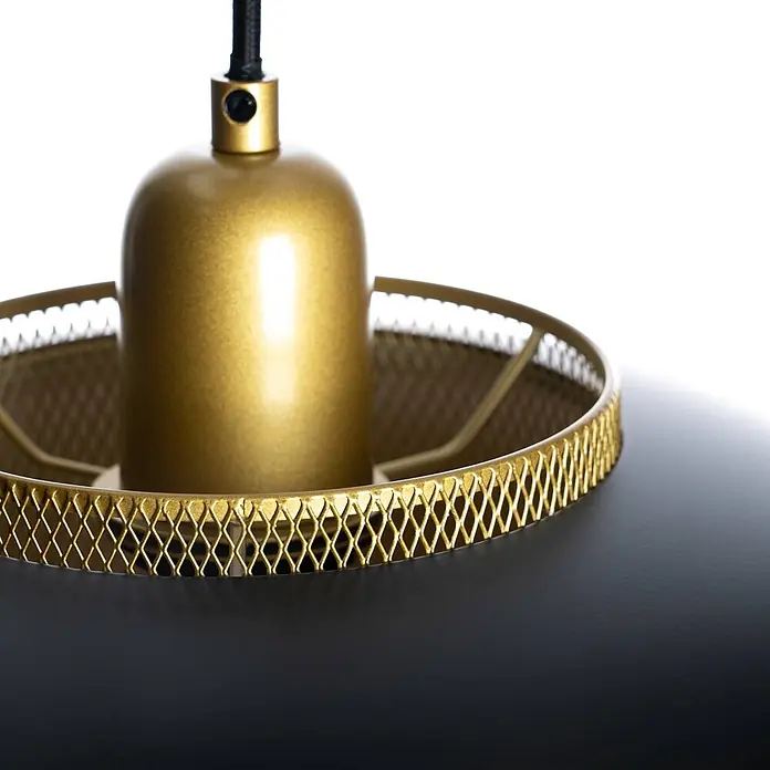 Lindby Pendelleuchte Miraca - L x B x H: 38 x 38 x 25 cm, schwarz, Schwarz, gold, E27 - Nahaufnahme einer schwarz-goldenen Pendelleuchte mit dekorativem Goldgeflechtband.