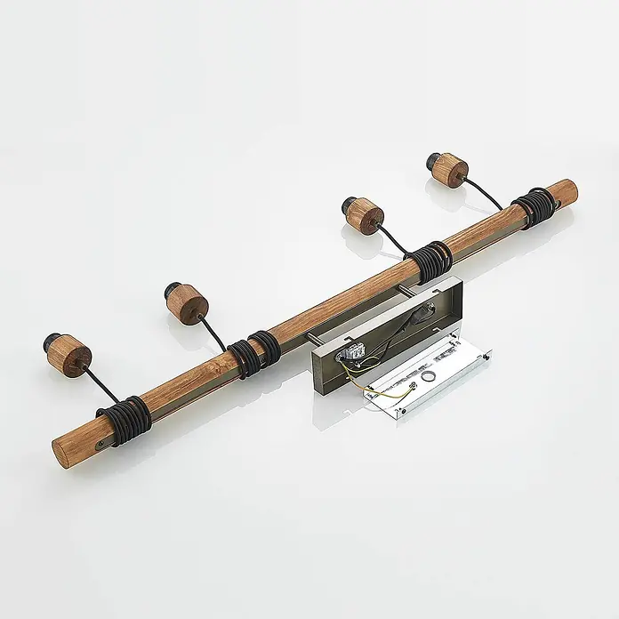 Lindby Pendelleuchte Durbis - L x B x H: 116 x 25 x 180 cm, schwarz, Holz natur, dunkelgrau, E27 - Hölzerne Stangenlampe mit vier Lampenfassungen, umwickelt mit schwarzem Kabel. Metallmontagebasis und Verkabelung sichtbar.