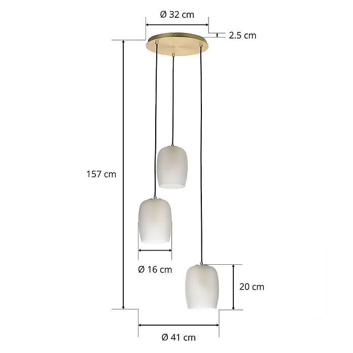 Lucande Pendelleuchte Taylan - L x B x H: 41 x 16,2 x 20 cm, weiß / opal, messing, sandweiß, G9 - Dreiflammige Pendelleuchte mit messingfarbener Deckenplatte und drei weißen, mattierten Glasschirmen, Maße detailliert.
