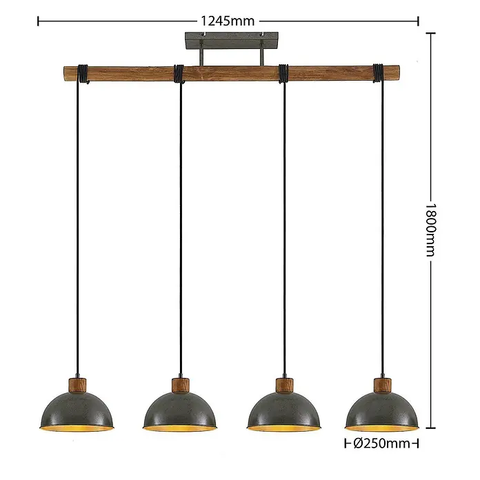 Lindby Pendelleuchte Durbis - L x B x H: 116 x 25 x 180 cm, schwarz, Holz natur, dunkelgrau, E27 - Vierflammige Pendelleuchte mit Holzbalken, schwarzen Kabeln und dunkelgrauen Metallkuppelschirmen mit Holzdetails. Maße: 1245x1800mm.