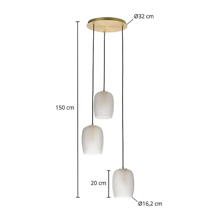 Lucande Pendelleuchte Taylan - L x B x H: 41 x 16,2 x 20 cm, weiß / opal, messing, sandweiß, G9 - Dreifach-Pendelleuchte mit weißen Glasschirmen, messingfarbener Deckenplatte und schwarzen Kabeln. Max. Höhe 150cm, Schirm 20x16.2cm, Platte Ø32cm.