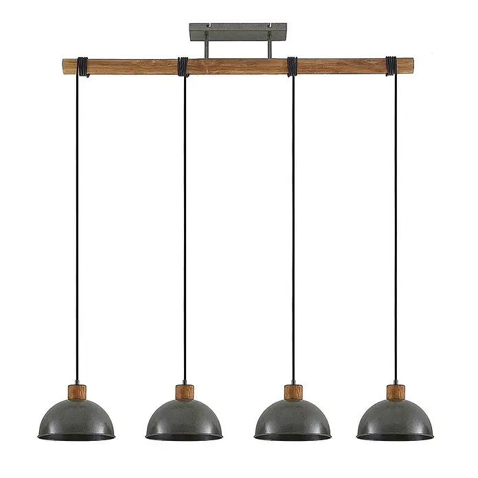Lindby Pendelleuchte Durbis - L x B x H: 116 x 25 x 180 cm, schwarz, Holz natur, dunkelgrau, E27 - Vierflammige Hängelampe mit Holzbalken, grauen Metallschirmen und schwarzen Kabeln, aufgehängt an einer rechteckigen Metallhaube.