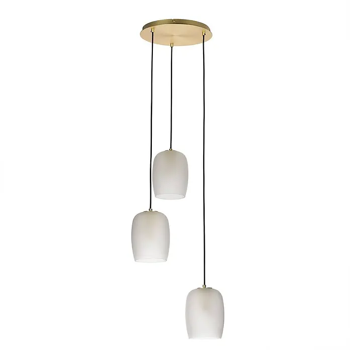 Lucande Pendelleuchte Taylan - L x B x H: 41 x 16,2 x 20 cm, weiß / opal, messing, sandweiß, G9 - Dreiflammige Deckenpendelleuchte mit runden weißen Glasschirmen und goldener runder Abdeckung.