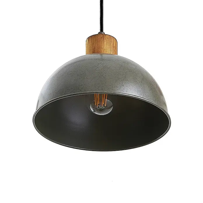 Lindby Pendelleuchte Durbis - L x B x H: 116 x 25 x 180 cm, schwarz, Holz natur, dunkelgrau, E27 - Graue Hängeleuchte aus Metall mit Holzdetail und sichtbarer Glühbirne.