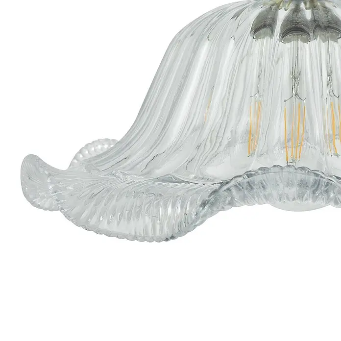 Lindby Pendelleuchte Ludowika - klar / transparent, transparent, messing, Schwarz, E27 - Transparenter geriffelter Glas-Lampenschirm mit Wellenkante, Glühbirnen sichtbar.