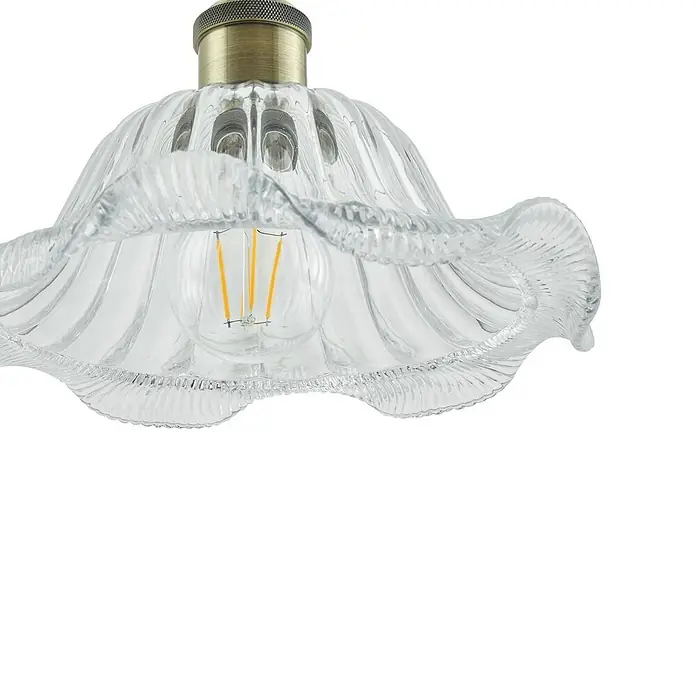 Lindby Pendelleuchte Ludowika - klar / transparent, transparent, messing, Schwarz, E27 - Klare, geriffelte Glasleuchte mit Messingfassung und sichtbarer LED-Glühbirne.