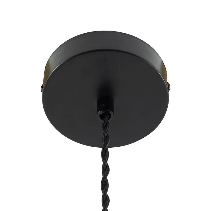 Lindby Pendelleuchte Ludowika - klar / transparent, transparent, messing, Schwarz, E27 - Schwarze Metall-Deckenrosette mit geflochtenem Textilkabel.