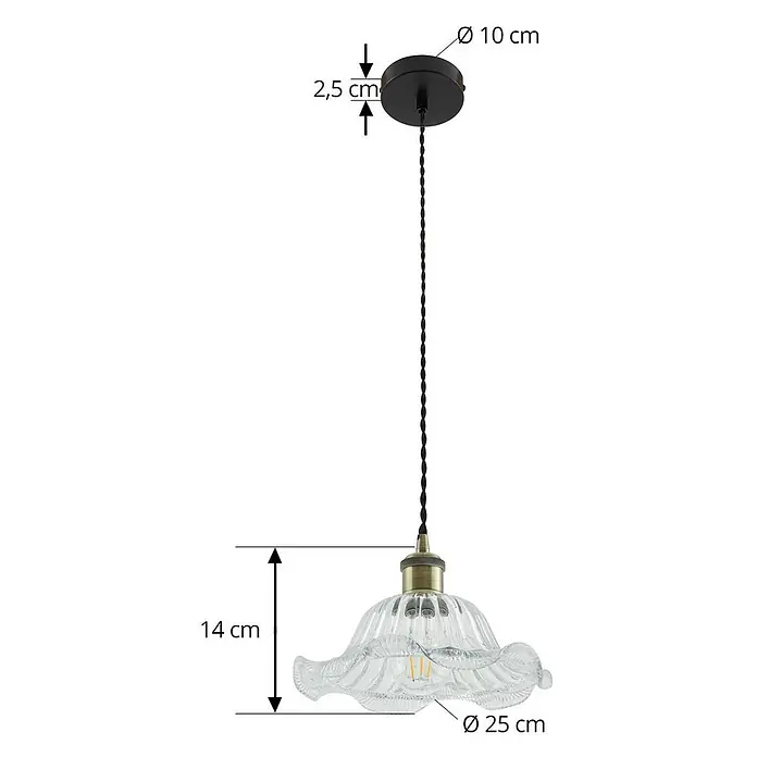 Lindby Pendelleuchte Ludowika - klar / transparent, transparent, messing, Schwarz, E27 - Schwarze Pendelleuchte mit geflochtenem Kabel, Messingfassung und klarem, geriffelten Glasschirm.