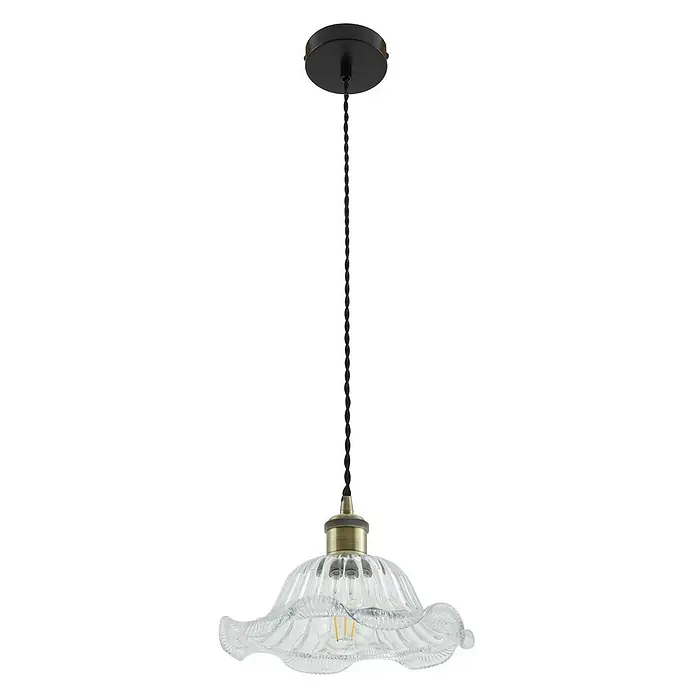 Lindby Pendelleuchte Ludowika - klar / transparent, transparent, messing, Schwarz, E27 - Pendelleuchte mit schwarzem Kabel, antikem Messinganschluss und klarem, gewelltem Glasschirm.