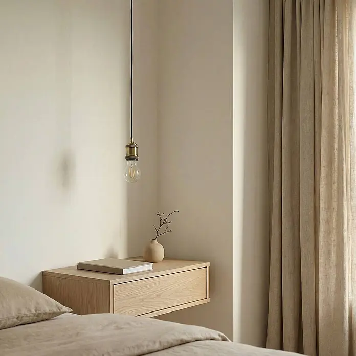 Lindby Pendelleuchte Hattie - messing / gold, messing, E27 - Ein schwebender Nachttisch aus hellem Holz mit Schublade, neben einem Bett in einem minimalistischen Schlafzimmer.