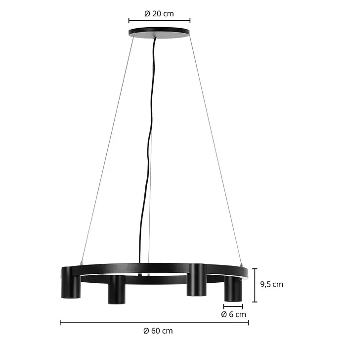 Arcchio Pendelleuchte Brinja - schwarz, Schwarz, GU10 - Schwarze kreisförmige Pendelleuchte mit rundem Rahmen und mehreren zylindrischen Lichtquellen.