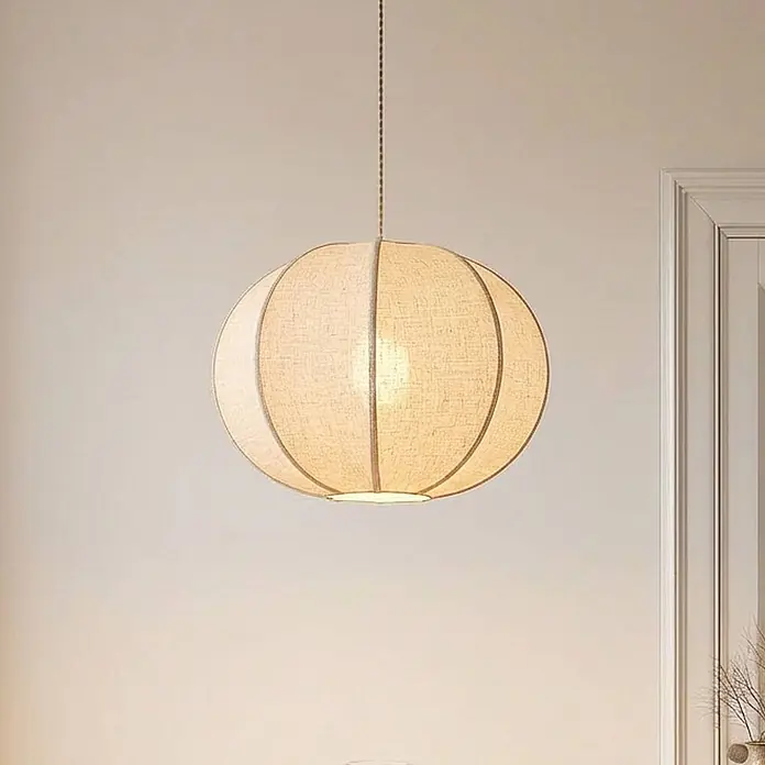 Lindby Pendelleuchte Elfie - L x B x H: 47 x 47 x 35 cm, creme / amber, beige, E27 - Runde, segmentierte, helle Stoff-Pendelleuchte mit warmem Licht.