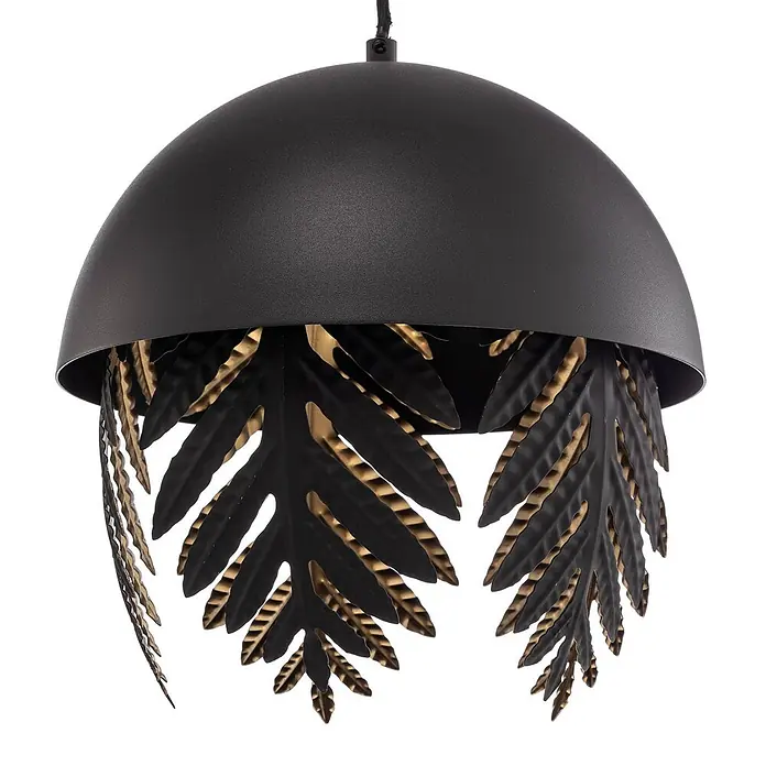 Lucande Pendelleuchte Aparas - schwarz, Schwarz, gold, E27 - Schwarze Hängelampe mit kuppelförmigem Schirm und goldenen, blattförmigen Metallverzierungen.