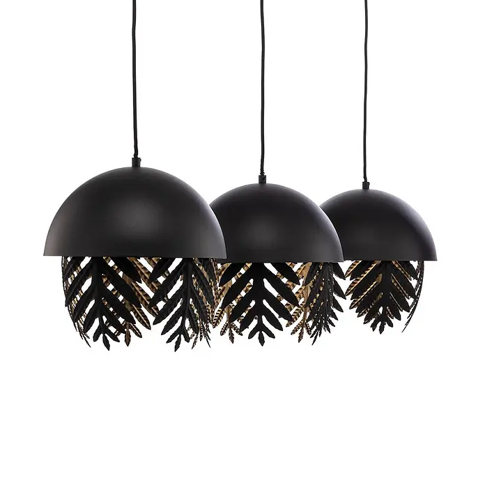 Lucande Pendelleuchte Aparas - schwarz, Schwarz, gold, E27 - Drei schwarze Pendelleuchten mit halbkugelförmigen Schirmen und dekorativen blattgemusterten Metallböden in Schwarz und Goldtönen.