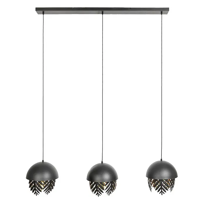 Lucande Pendelleuchte Aparas - schwarz, Schwarz, gold, E27 - Schwarze lineare Pendelleuchte mit drei kuppelförmigen Schirmen und goldenen Blattakzenten.