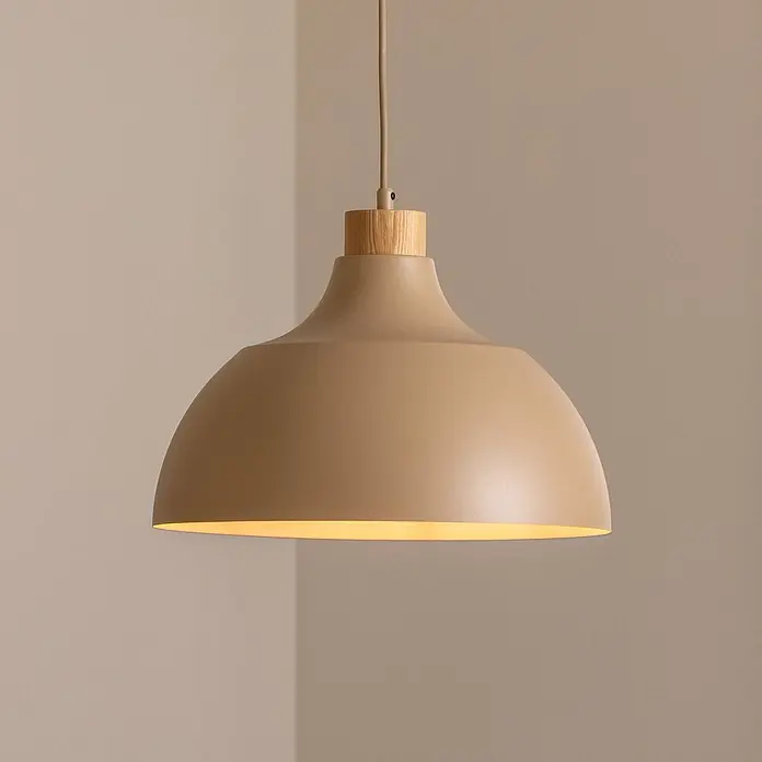 Envostar Pendelleuchte Kaitt - L x B x H: 34 x 34 x 170 cm, sand, holz hell, E27 - Beigefarbene Pendelleuchte in Kuppelform mit Holzdetails, die warmes Licht ausstrahlt.