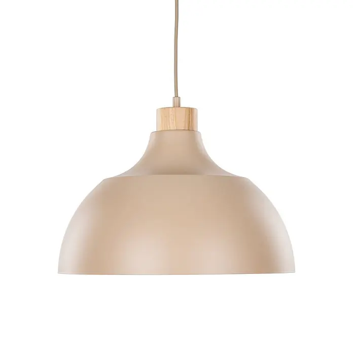 Envostar Pendelleuchte Kaitt - L x B x H: 34 x 34 x 170 cm, sand, holz hell, E27 - Beige, glockenförmige Pendelleuchte mit hellem Holzdetail oben und neutralfarbenem Kabel.