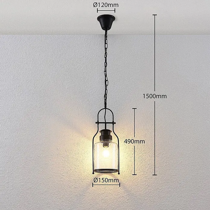 Lindby Pendelleuchte Rozalie - L x B x H: 18 x 18 x 21 cm, Schwarz matt, klar, E27 - Schwarze Metall-Pendelleuchte mit klarem Glasschirm im Laternen-Design. Hängt von der Decke.