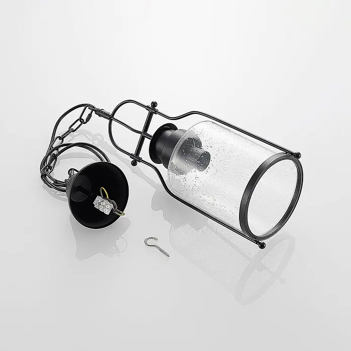 Lindby Pendelleuchte Rozalie - L x B x H: 18 x 18 x 21 cm, Schwarz matt, klar, E27 - Schwarze Metall-Pendelleuchte mit texturiertem Klarglasschirm, sichtbarer Verkabelung und Montagezubehör.
