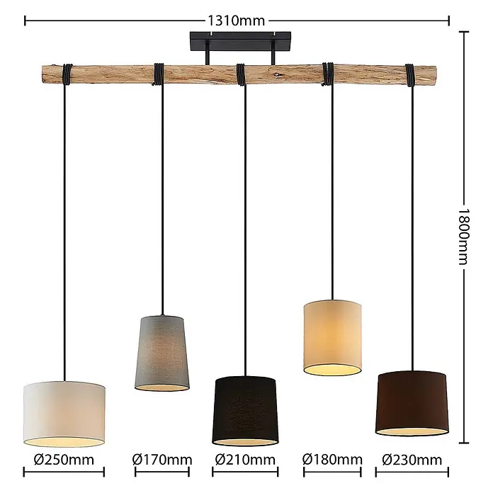 Lindby Pendelleuchte Amilia - Multicolour, Holz natur, Schwarz, grau, beige, braun, weiß, E27 - Fünfflammige Pendelleuchte mit Naturholzbalken und verschiedenen Stoffschirmen in Weiß, Grau, Schwarz, Creme und Braun.