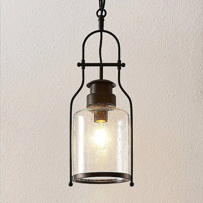 Lindby Pendelleuchte Rozalie - L x B x H: 18 x 18 x 21 cm, Schwarz matt, klar, E27 - Dunkle Metall- und Samenglas-Pendelleuchte mit beleuchteter Glühbirne.