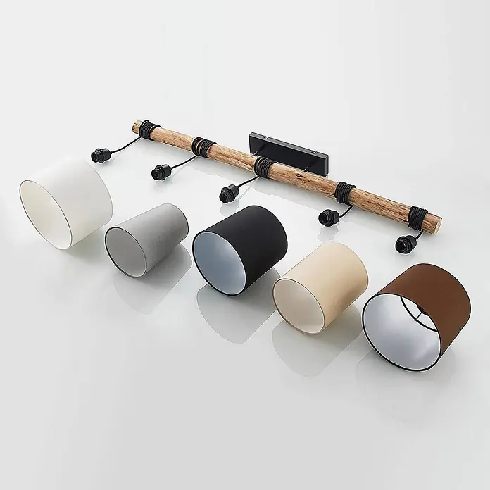 Lindby Pendelleuchte Amilia - Multicolour, Holz natur, Schwarz, grau, beige, braun, weiß, E27 - Holz-Balkenleuchte mit fünf zylindrischen Lampenschirmen in Weiß, Grau, Schwarz, Beige und Braun.