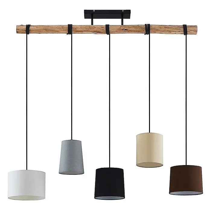 Lindby Pendelleuchte Amilia - Multicolour, Holz natur, Schwarz, grau, beige, braun, weiß, E27 - Fünfflammige Pendelleuchte mit Holzbalken und Stoffschirmen in Weiß, Grau, Schwarz, Beige und Braun.