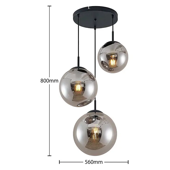 Lindby Pendelleuchte Teeja - L x B x H: 51,5 x 51,5 x 30 cm, alu / grau / zink, rauchgrau, Schwarz, E27 - Schwarze Dreifach-Pendelleuchte mit Rauchglas-Kugelschirmen.